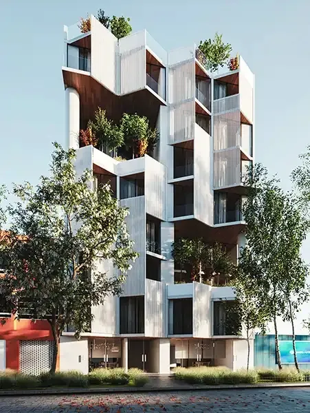 Edificio Londres 91 con cancelería y celosía de aluminio